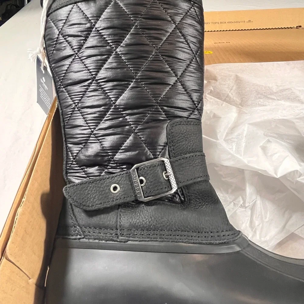 Sperry Saltwater Tall Nylon Duck Boots Womens 8.5 Black NEW w/Box Quilted Buckle